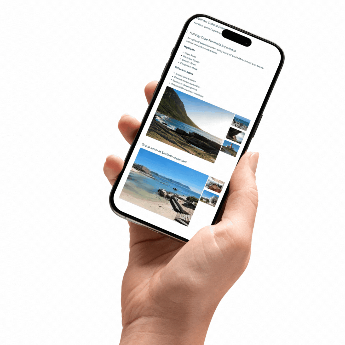 A hand holding a smartphone displaying a travel itinerary with images of beaches and coastal scenes.