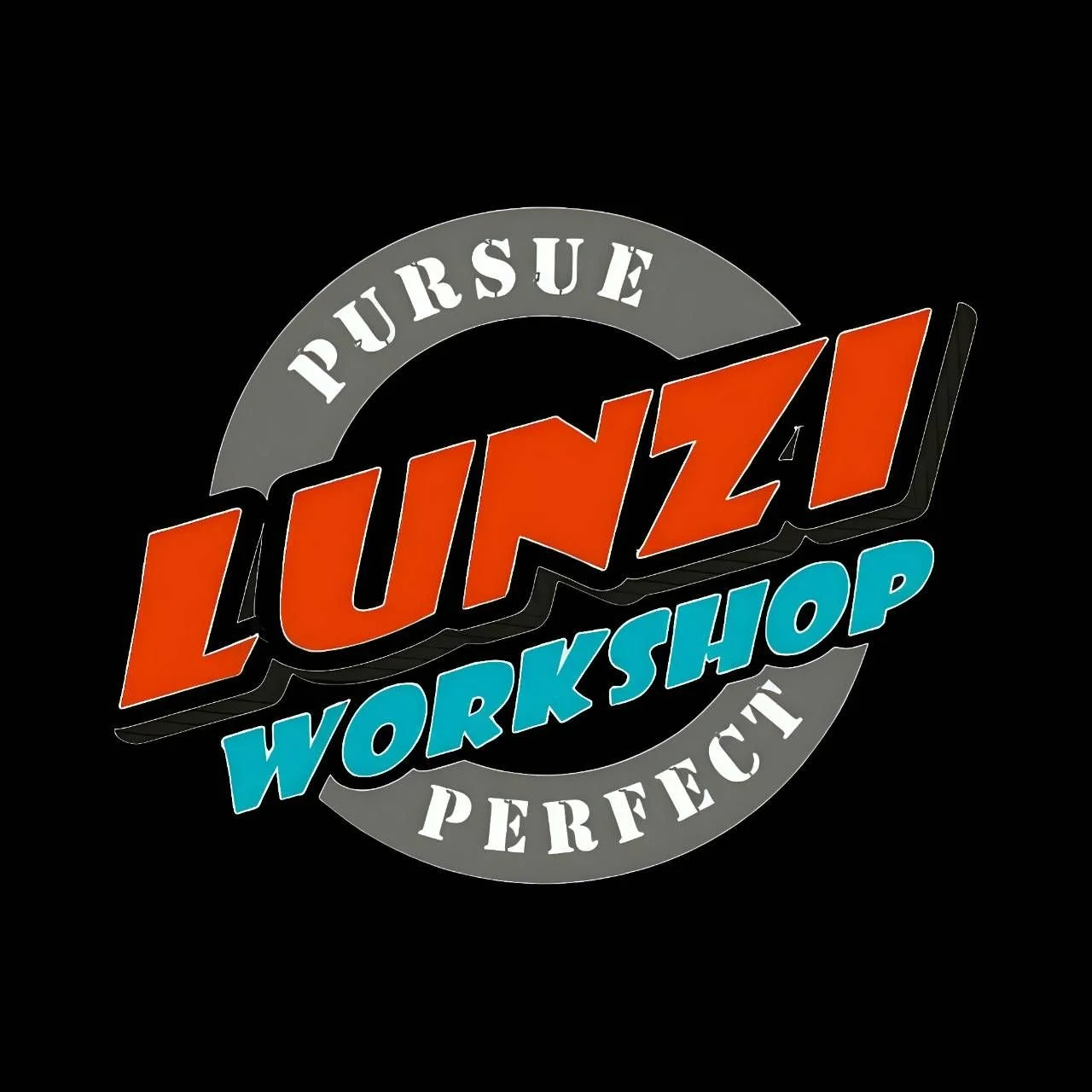Logo for Luzzu Workshop with the words 'Pursue', 'Perfect', and 'Workshop' surrounding the name 'Luzzu' in bold orange and blue lettering on a black background.