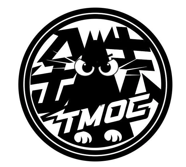 Black and white circular logo featuring a cat with wide eyes in the center and stylized text around it that says "SMALL" and "TMO'S".