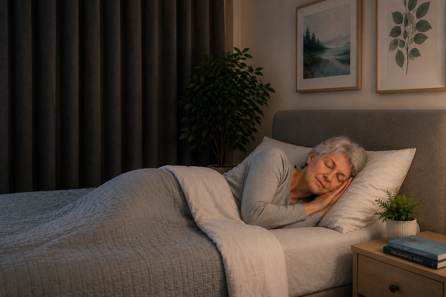 An older woman with gray hair sleeping peacefully on her side in bed, resting her head on a white pillow, in a cozy bedroom with framed artwork and a potted plant on the nightstand.