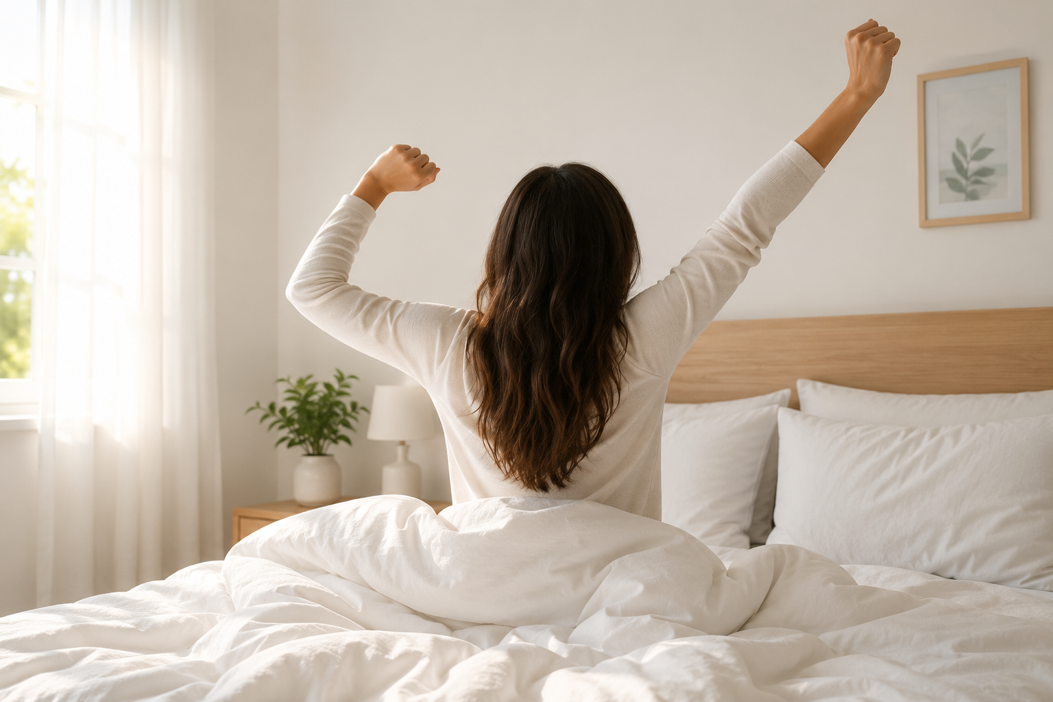 Woman stretching in bed with sunlight coming through window, white bedding, and minimal decor