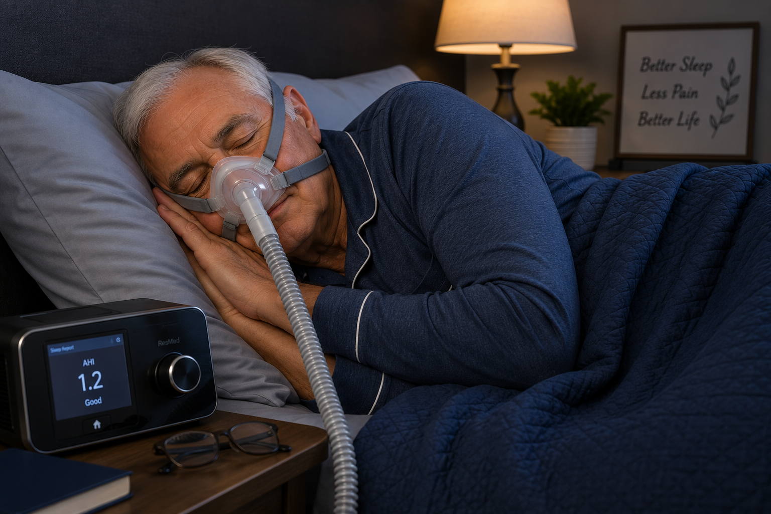 An elderly man sleeping on a bed with a CPAP machine beside him, wearing a mask connected to the device. The room is softly lit with a lamp and a framed sign in the background reads 'Better Sleep, Less Pain, Better Life.'