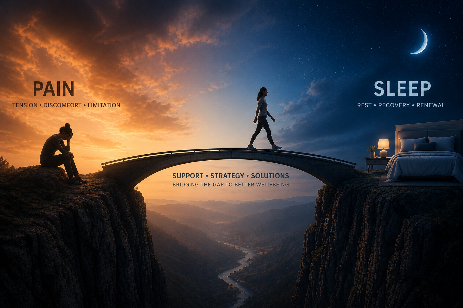 A person sitting on a cliff on the left side, appearing worried or sad, representing pain and tension. On the right side, a person is walking across a bridge towards a bedroom with a nightstand, lamp, and bed, symbolizing sleep, rest, and renewal. The background features a sky transitioning from sunset to night, with a crescent moon and stars, and a river flowing through a valley.