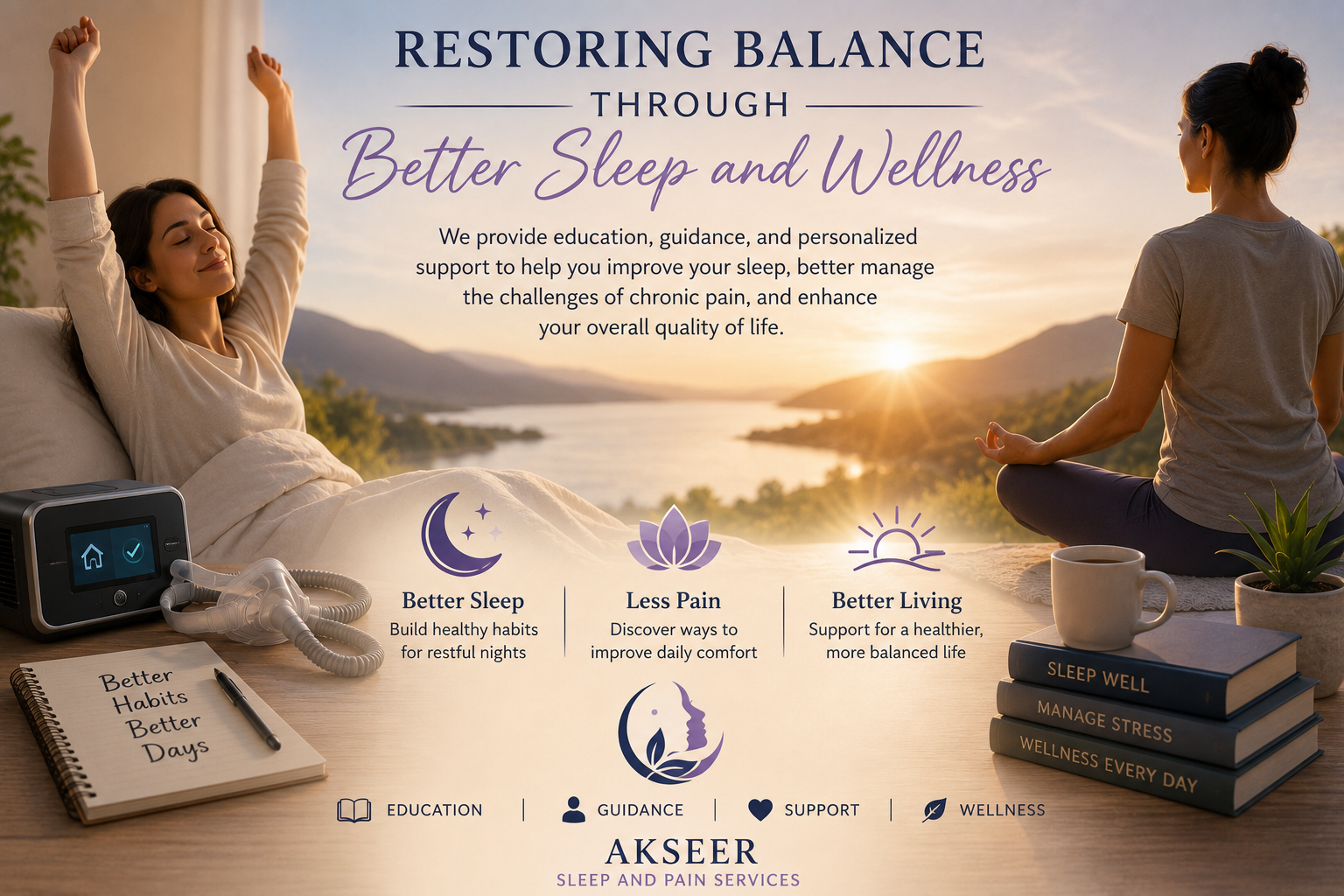 A woman in bed stretching in the morning while another woman practices meditation outdoors at sunset with mountains and water in the background. The image promotes Restoring Balance Through Better Sleep and Wellness, with icons and text about better sleep, less pain, and better living, along with a sleep device, a notebook, a cup of coffee, and wellness books.