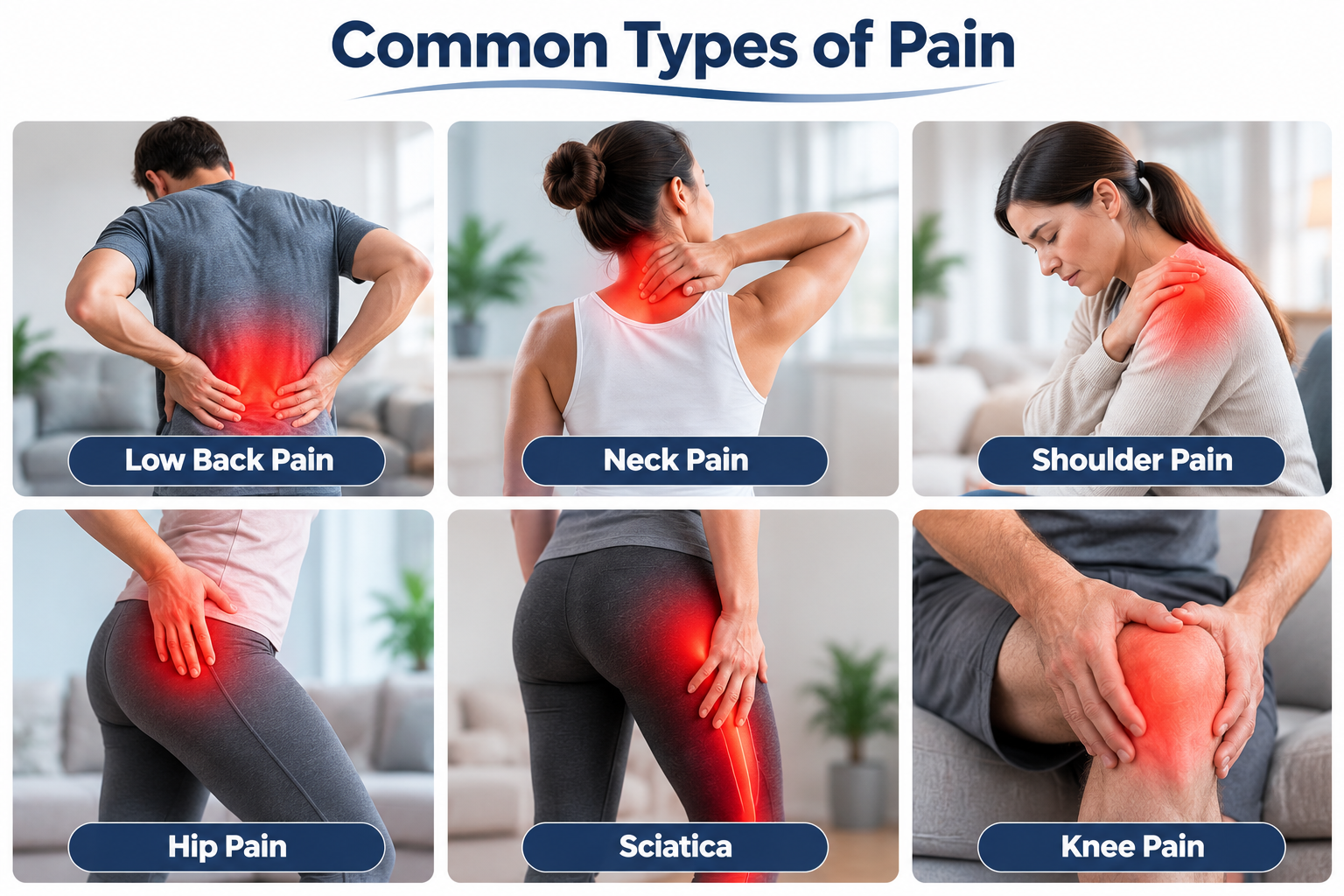 A grid showing six images of people experiencing different types of pain, including low back pain, neck pain, shoulder pain, hip pain, sciatic pain, and knee pain, with labels for each type.