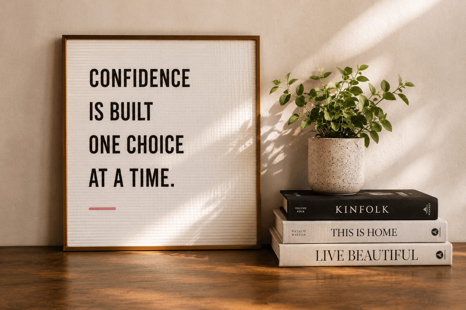 A framed quote on a wall saying, 'Confidence is built one choice at a time,' placed on a wooden surface next to a stack of three books and a potted plant.