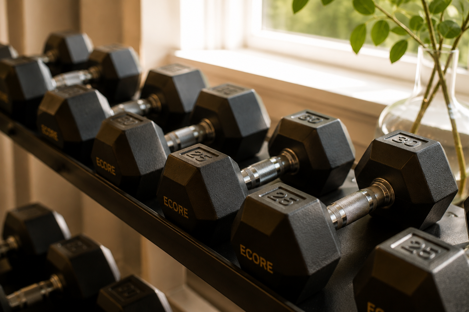 Set of black hexagonal dumbbells on a black rack near a window with sunlight and a plant nearby.
