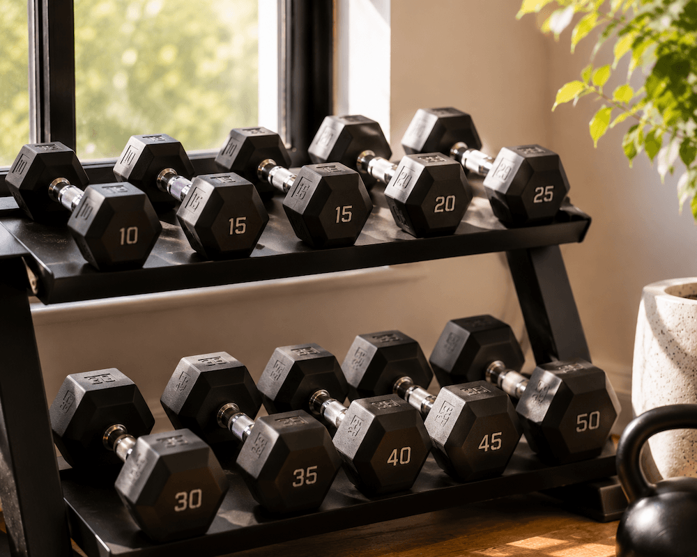 A black dumbbell rack holds two rows of hexagonal dumbbells with weight labels from 10 to 50 pounds on a black metal rack by a window, with natural light and a green plant nearby.