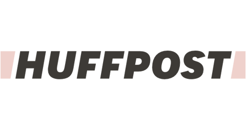 HuffPost logo in black text with pink accents on a dark background.