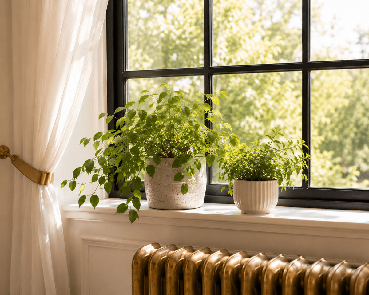 Two potted green plants on a white window sill next to sheer curtains and a black-framed window with a view of green trees outside.