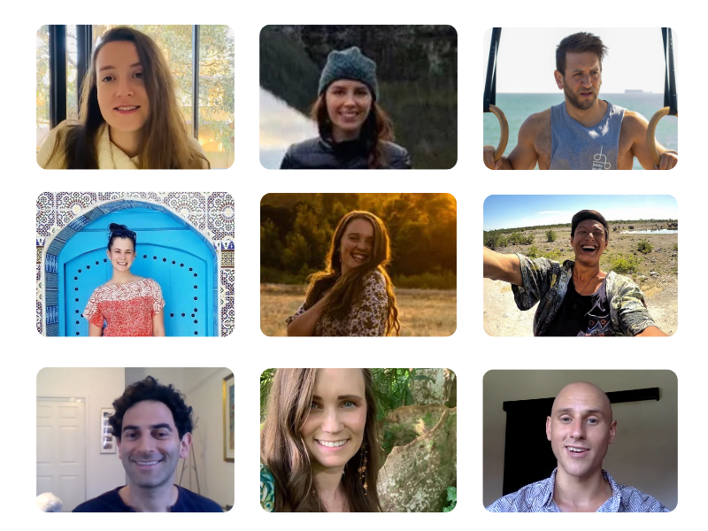 A collage of nine diverse smiling individuals, each in different outdoor or indoor settings.