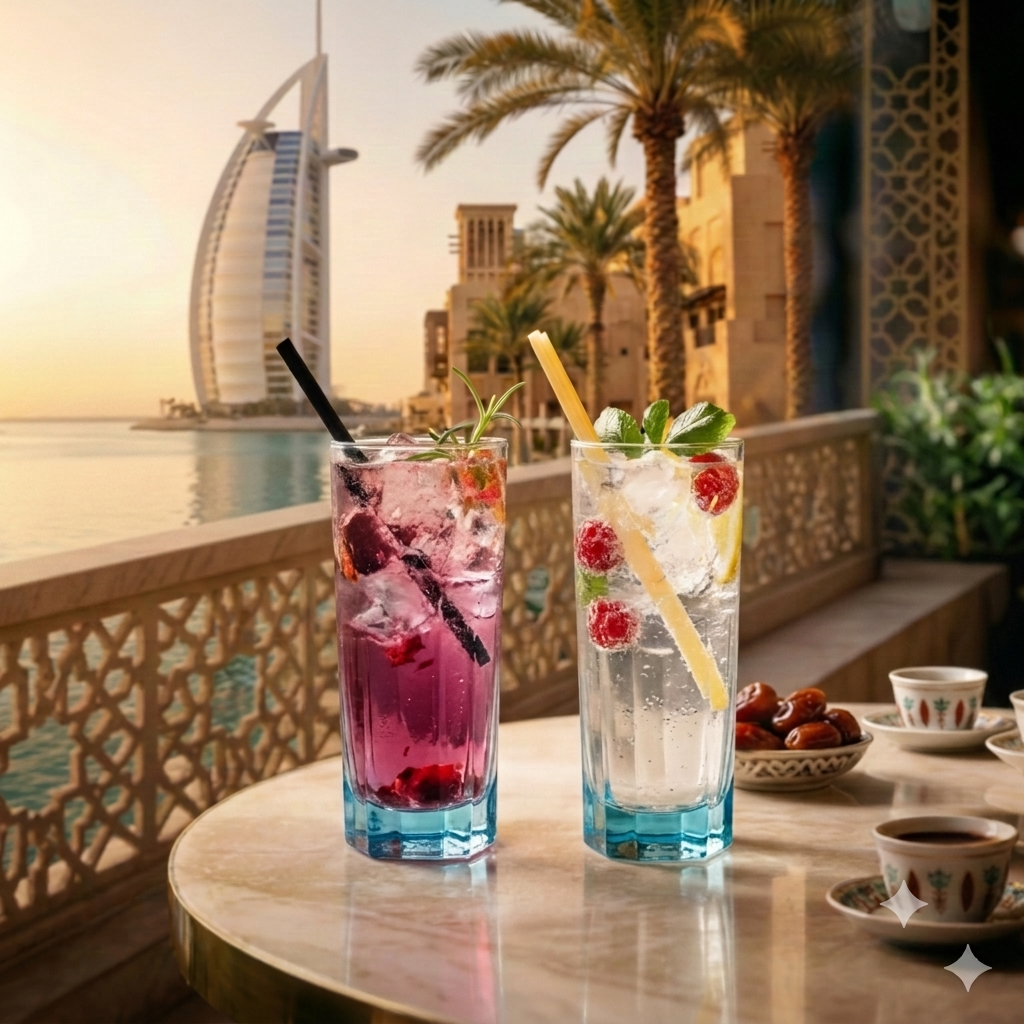 Two tall glasses of colorful cocktails with ice, garnished with berries, mint, and lemon slices, on a marble table with a scenic view of the Burj Al Arab hotel, palm trees, and a waterfront during sunset.