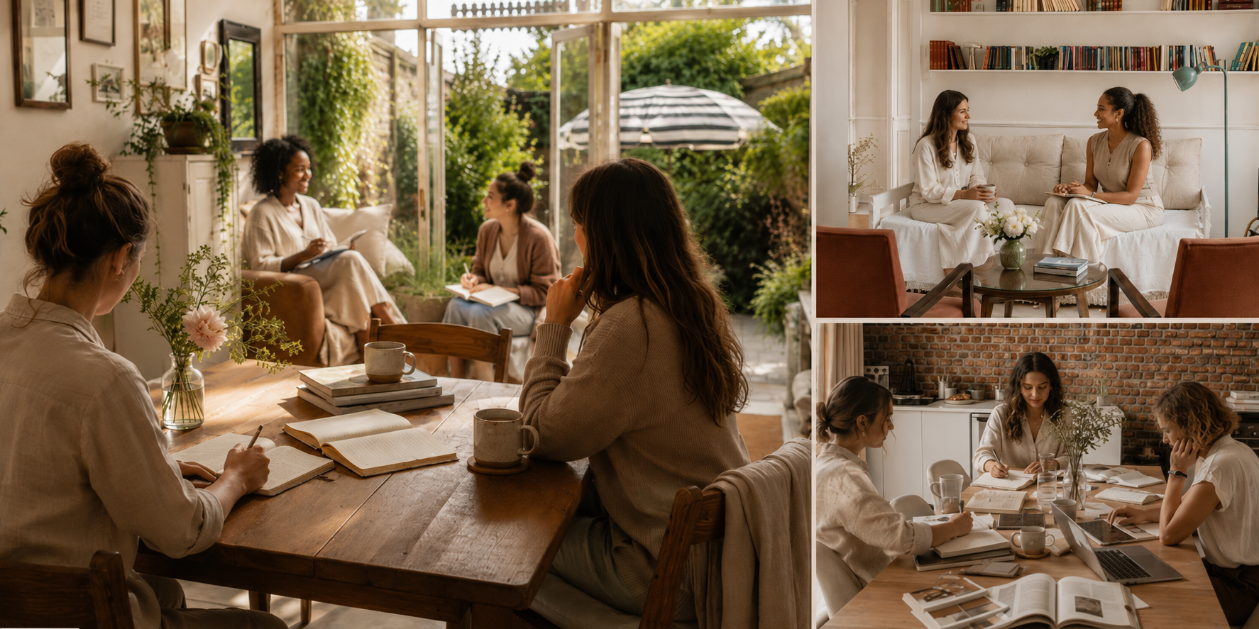 Quatre femmes discutant dans différentes configurations : en extérieur dans un espace lumineux avec beaucoup de verdure, en intérieur dans un salon clair et moderne, et en cuisine avec un mur en briques visibles, toutes entourées de livres et de tasses, lors d'une réunion ou d'un atelier.