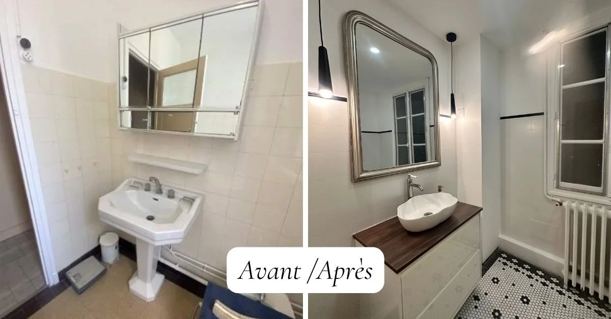 Transformation salle de bain : à gauche, une salle de bain vieillotte avec un lavabo ancien, un miroir cassé, et des murs en carrelage beige usé ; à droite, une salle de bain modernisée avec un lavabo contemporain, un grand miroir, un éclairage suspe