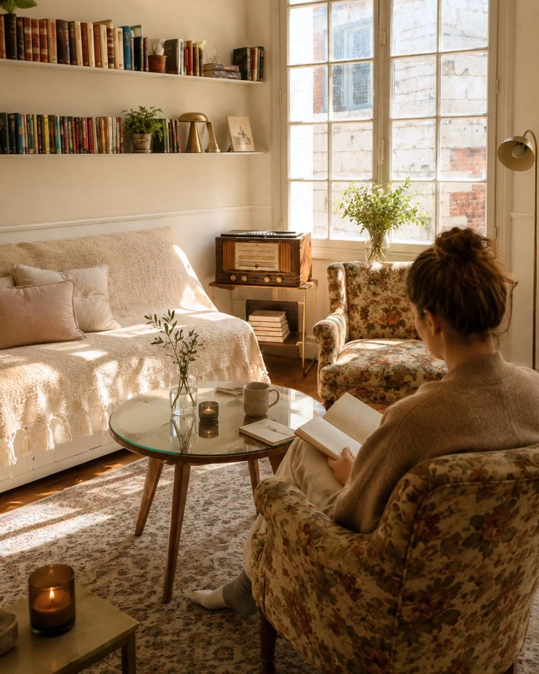 une femme profite de la retraite solo pour lire dans le salon bibliothèque