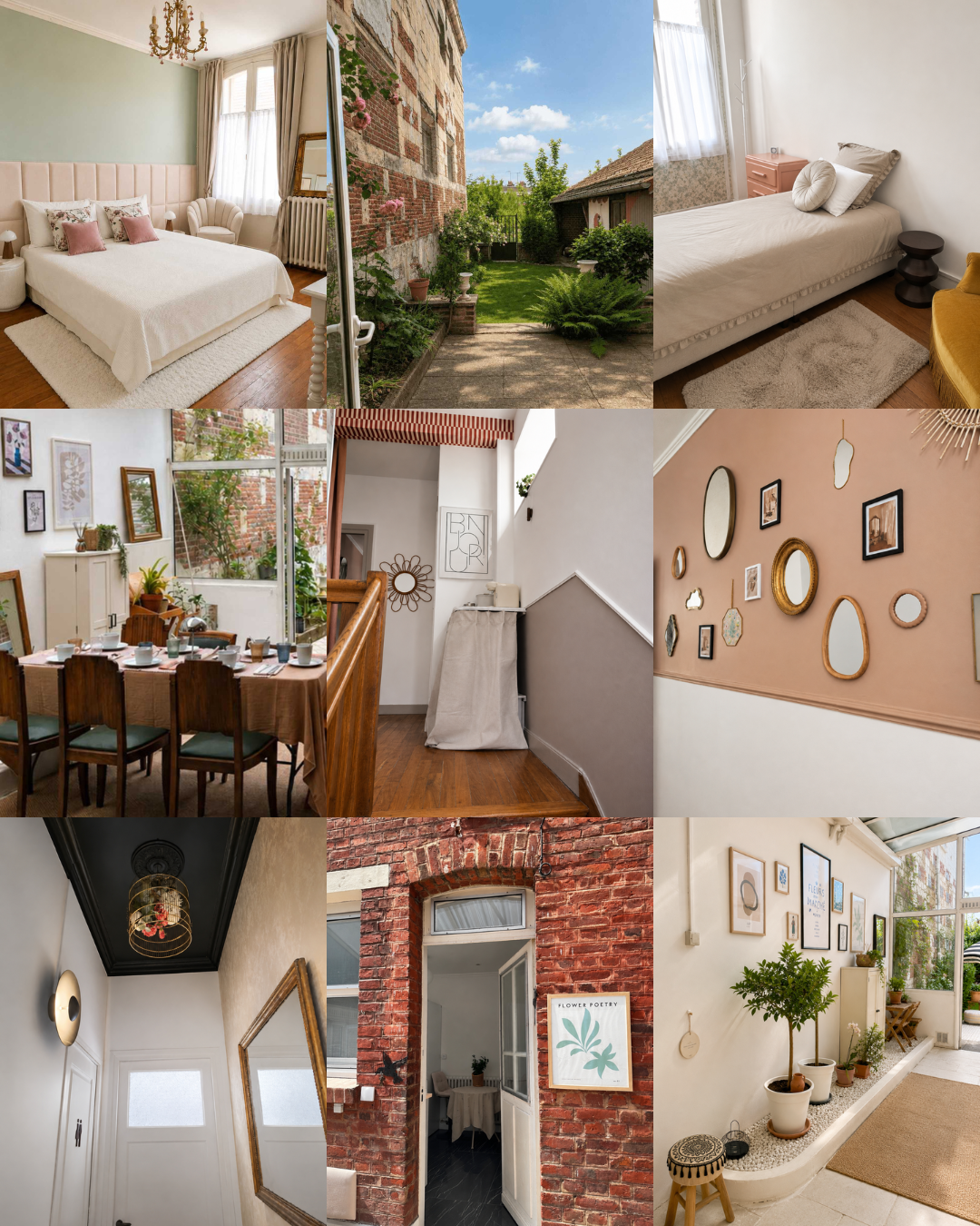 Une collection de photos montrant des intérieurs et extérieurs de différentes maisons et espaces, notamment des chambres, une cour avec jardin, une salle à manger, un couloir, un mur décoratif avec miroirs, un hall d'entrée avec un plafond noir et un éclairage ornemental, une entrée avec une porte en brique, et une zone de plantes avec une grande fenêtre.