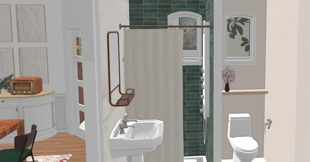 Vue d'une salle de bain avec une douche, un lavabo, un miroir, un WC et des décorations