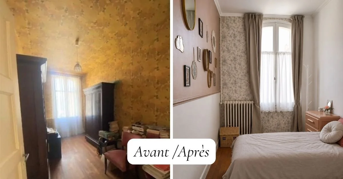 Avant Après chambre Le Nid, avant et après rénovation. À gauche, chambre avec papier peint jaune, meubles anciens, et éclairage faible. À droite, chambre rénovée avec murs décorés, lit moderne, grande fenêtre avec rideaux, et décoration murale.