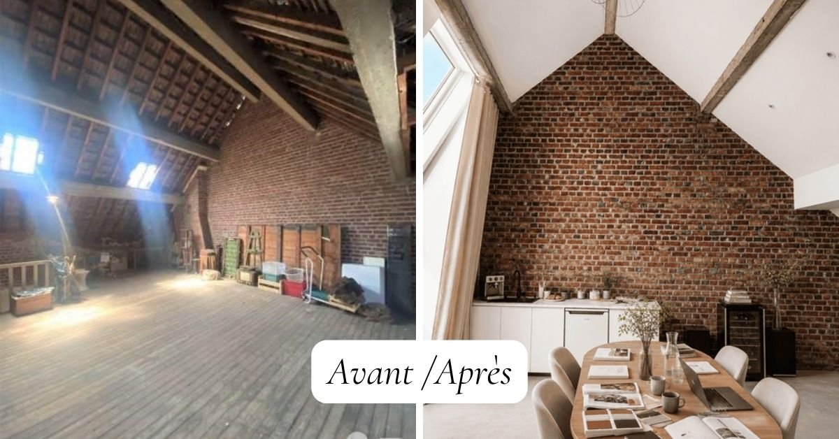 Transformation du loft Le Perchoir, montrant un loft brut avec poutres en bois et murs en briques d'origine à gauche, rénové avec une cuisine moderne et une salle à manger avec murs en briques à droite.