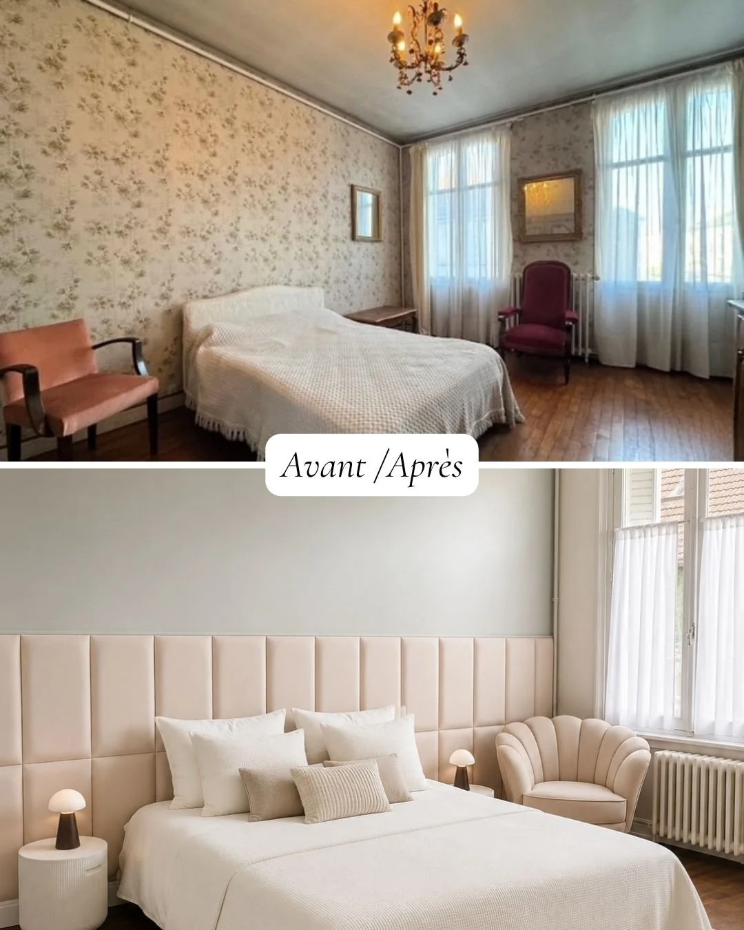 Chambre L'envol avant et après rénovation, avant avec mobilier vintage et après avec décoration moderne en tons neutres et mobilier élégant.