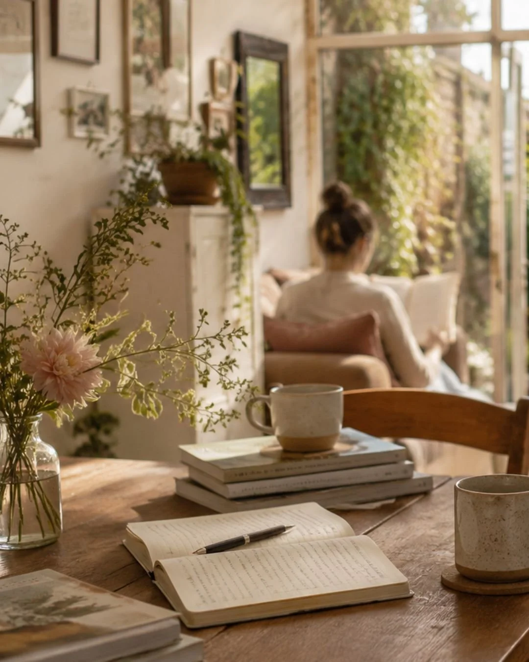 Une table avec un carnet ouvert, un stylo, plusieurs livres empilés, une tasse, une petite fleur dans un vase en verre, et un mug. En arrière-plan, une femme assise sur un canapé près d'une grande fenêtre laissant entrer la lumière naturelle, avec des plantes en dehors de la fenêtre.