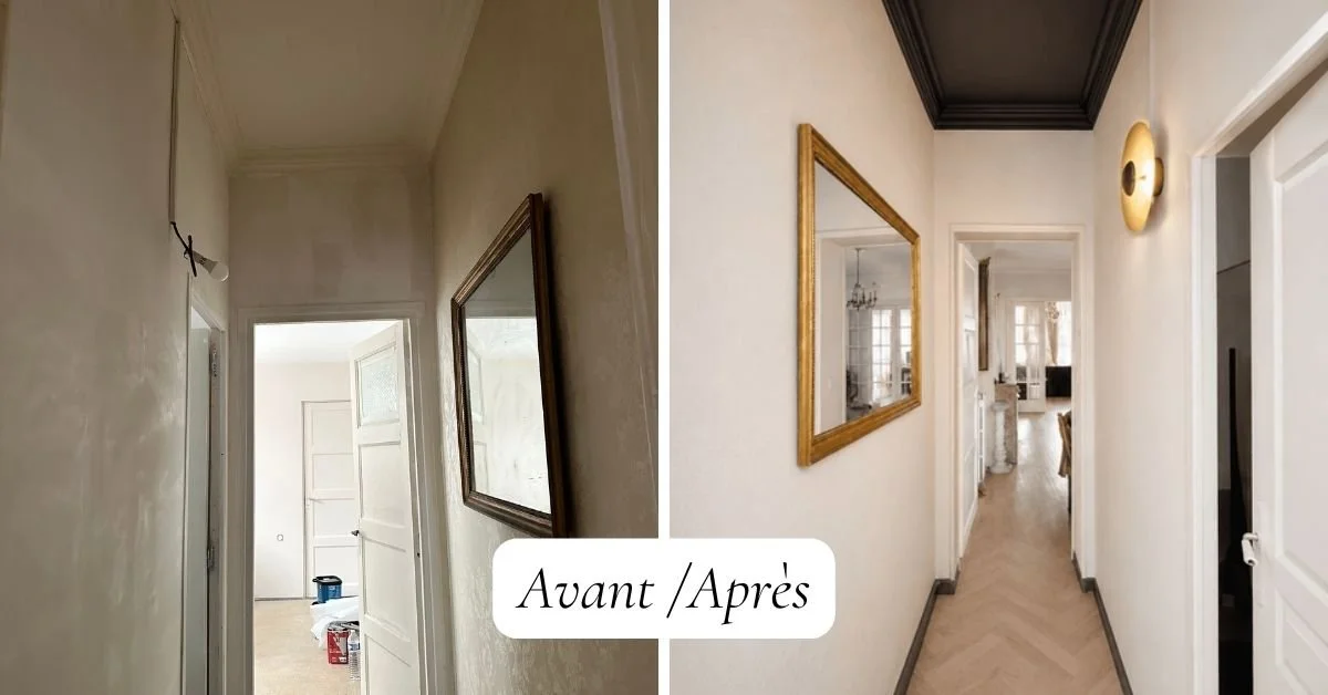 Photo du couloir avant et après rénovation. Côté gauche : murs en mauvais état, peinture inégale, présence de matériel de peinture. Côté droit : murs repeints en blanc, plafond noir, décoration moderne, miroir doré, luminaire à gauche.