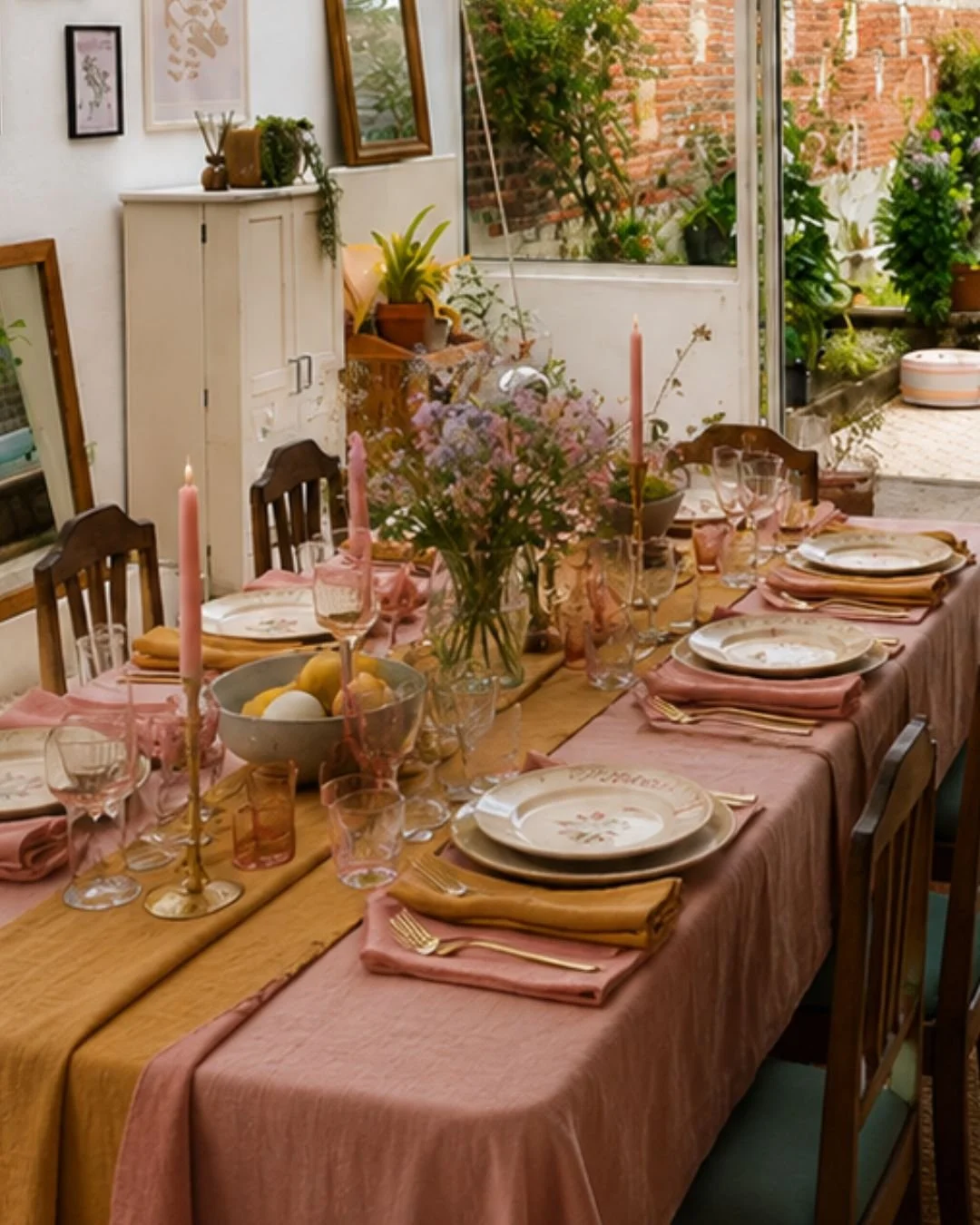 Une table élégamment dressée pour un repas dans la véranda avec un décor floral, plusieurs assiettes, verres, bougies roses, et un centre de table avec des fleurs.
