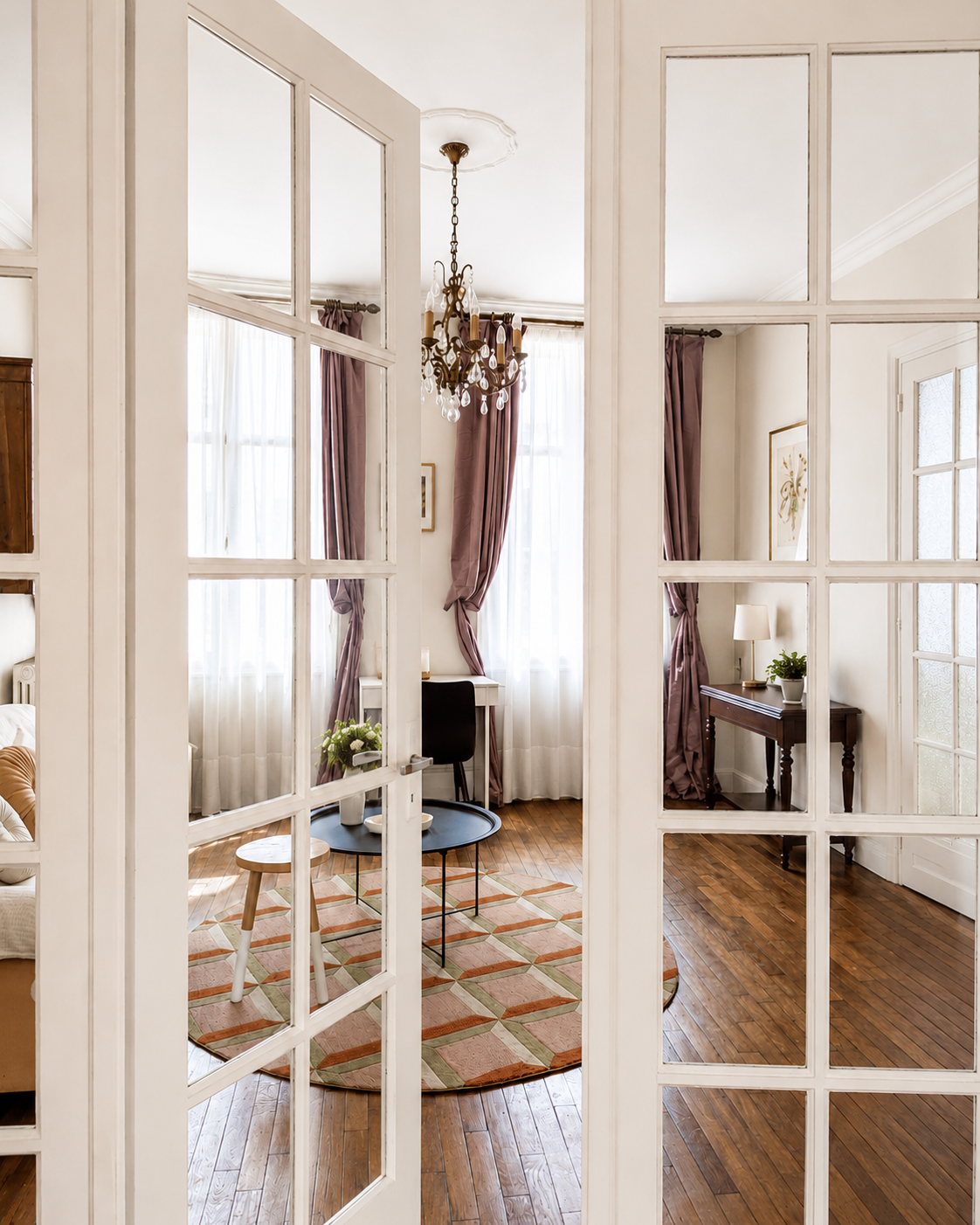 Intérieur d'un appartement avec fenêtre grande, rideaux violets, chandelier, petit bureau, table basse ronde, tapis à motifs, porte en bois blanc avec plusieurs carreaux de verre.