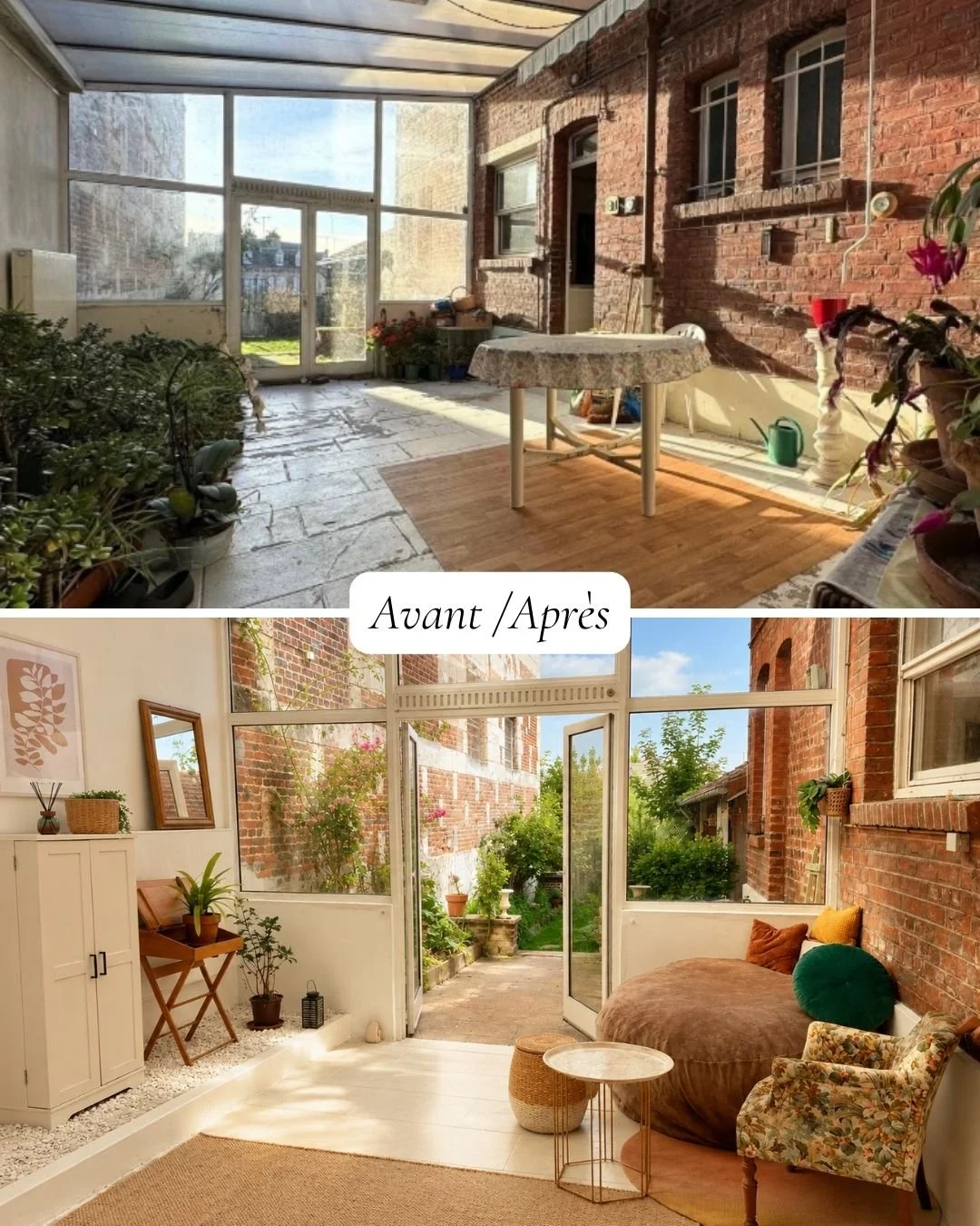 Transformation d'une véranda, avant avec plantes et sol en pierre, après avec intérieur aménagé, canapé, coussins, blancheur, et vue sur le jardin.