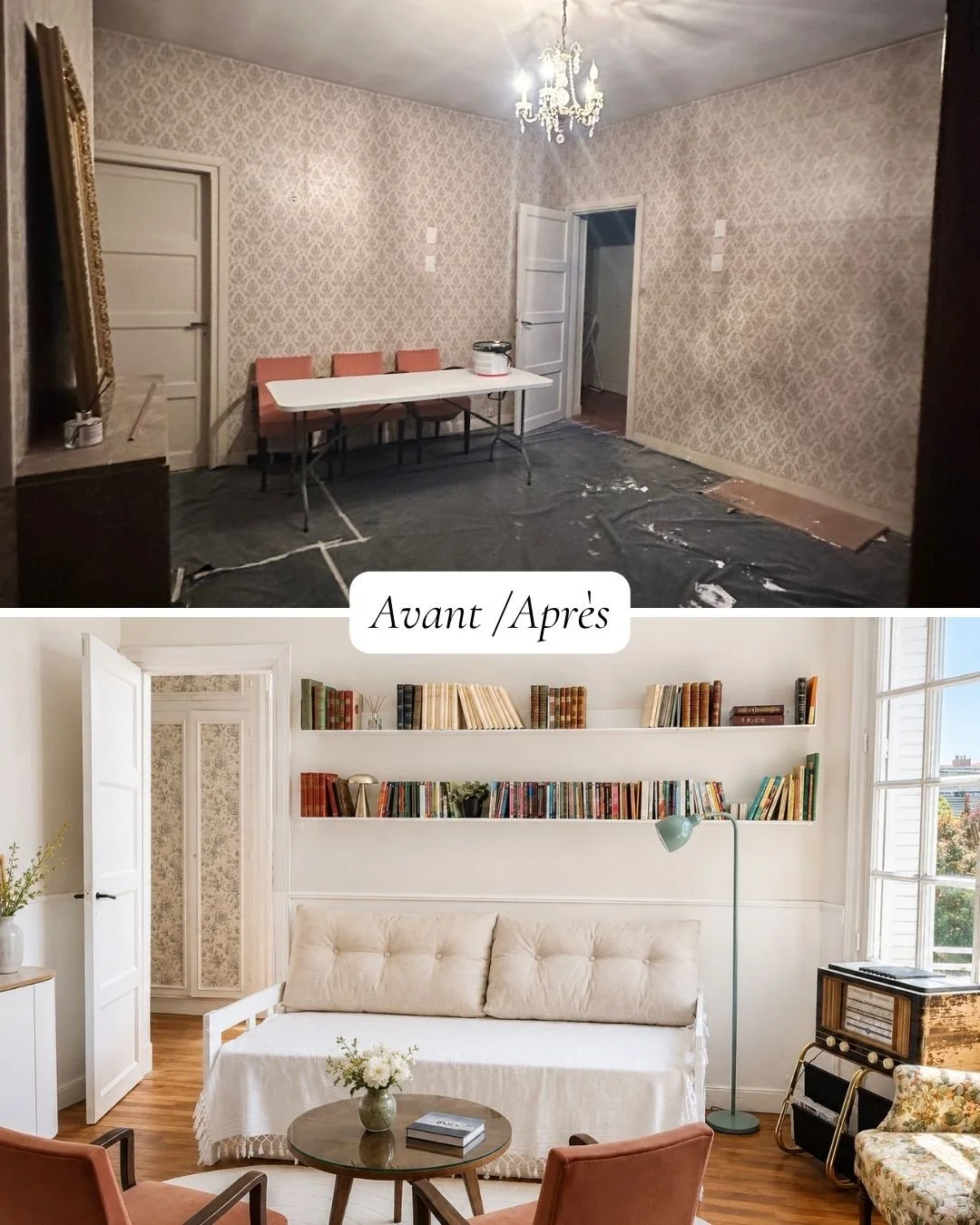 Transformation salon bibliothèque, montrant un avant sombre et désordonné avec des murs tapissés et un après lumineux et rénové avec des murs blancs, une étagère avec des livres, un canapé et une grande fenêtre laissant entrer la lumière naturelle.