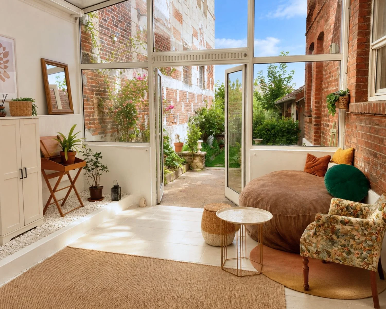 Salon dans la véranda ouvrant sur un jardin extérieur avec des plantes et des briques rouges. Mobilier comprenant un maxi pouf, une table basse, un fauteuil à motif floral, une armoire blanche, des plantes en pot et des décorations.