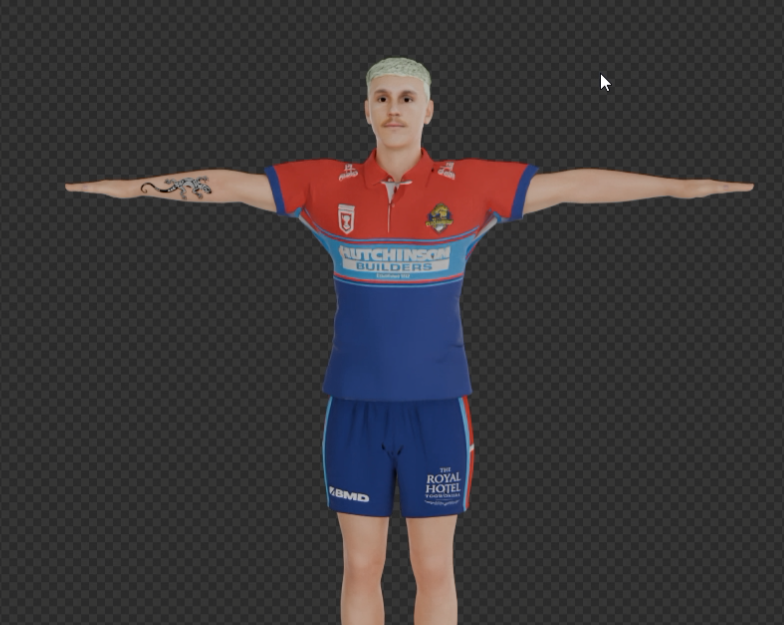 VR avatar of Chris from Western Clydesdales with platinum blonde hair, wearing a red and blue sports jersey and blue shorts, standing with arms outstretched, against a transparent background.