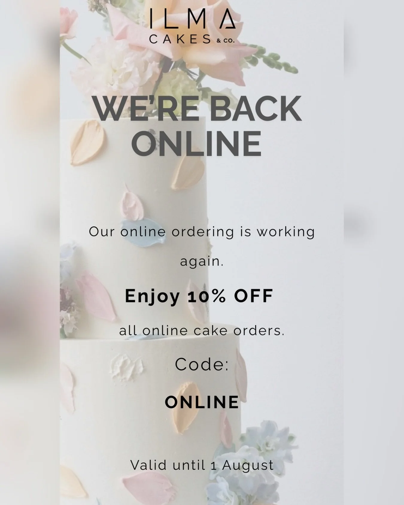 We&rsquo;re back online 🎂

Our online cake ordering is working again&mdash;and to make up for the interruption, we&rsquo;re offering 10% off all online cake orders until 1 August.

Use code ONLINE at checkout.

Order through the link in our bio 🤍


