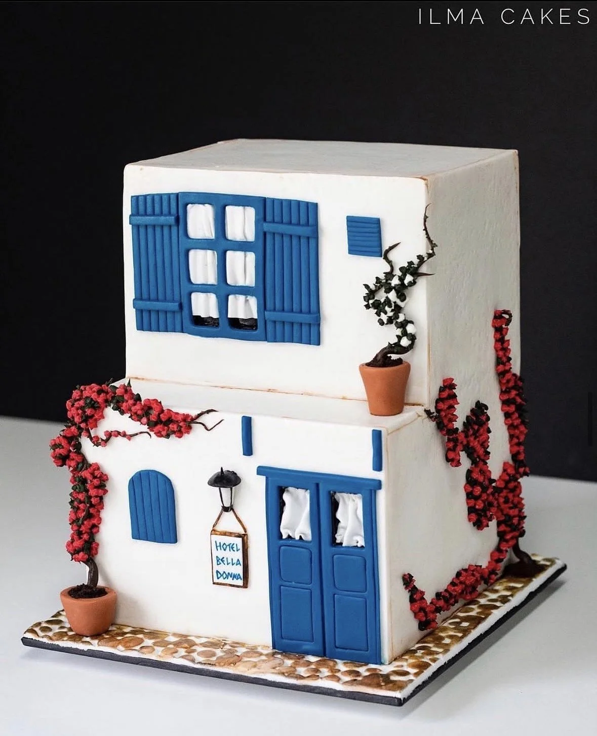 Decorative cake designed to look like a two-story house with white walls, blue window shutters, red and black flowering vines, a potted plant, and a sign that reads 'Hotel Bella Donna'.