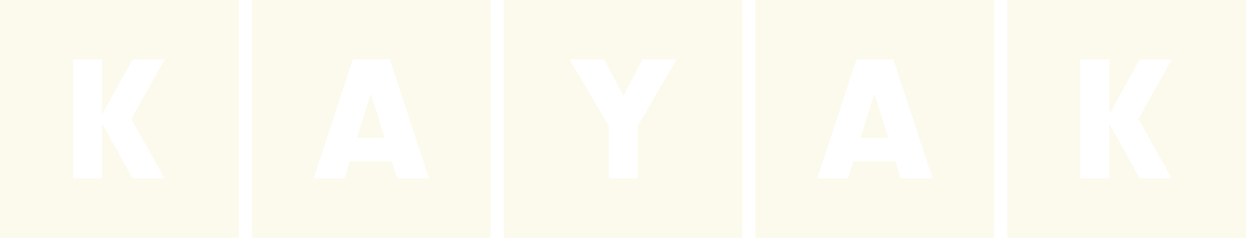 The word 'KAYAK' displayed in bold black letters on a light background, divided into five vertical sections.
