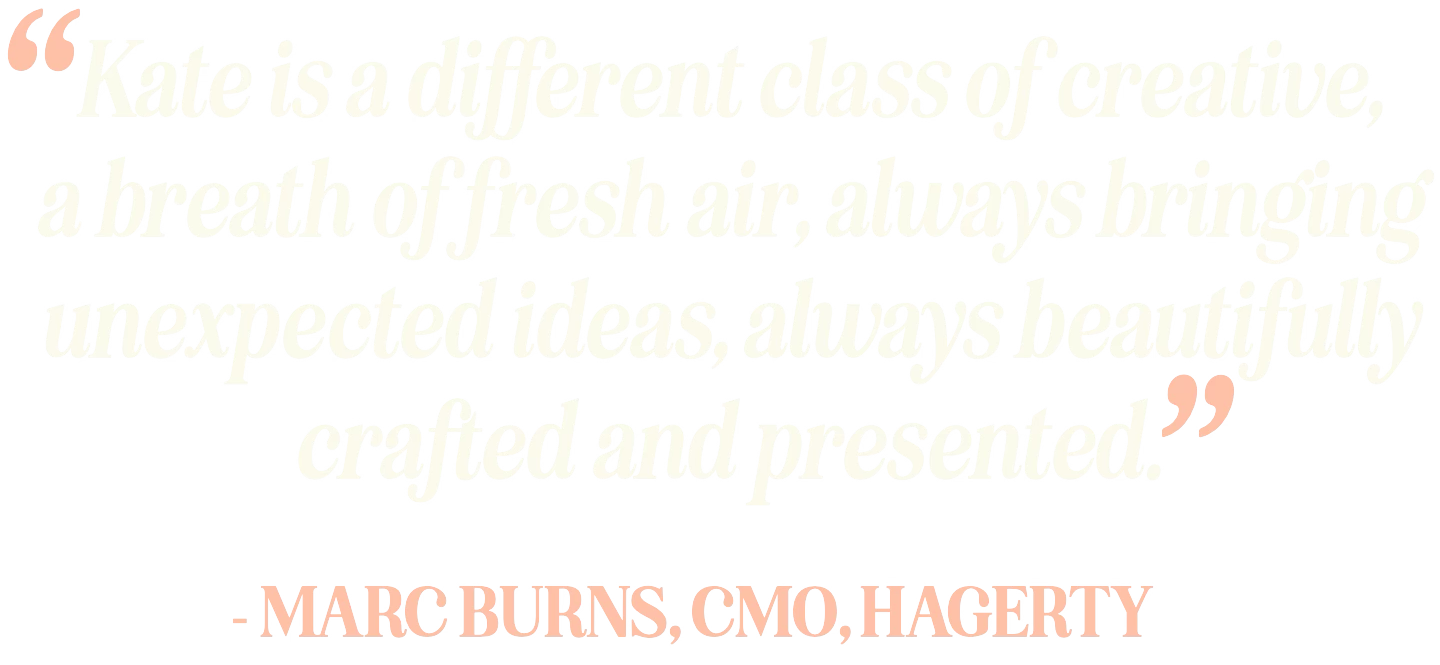Quote about Kate by Marc Burns, CMO of Hagerty, in white and pink text on a black background.