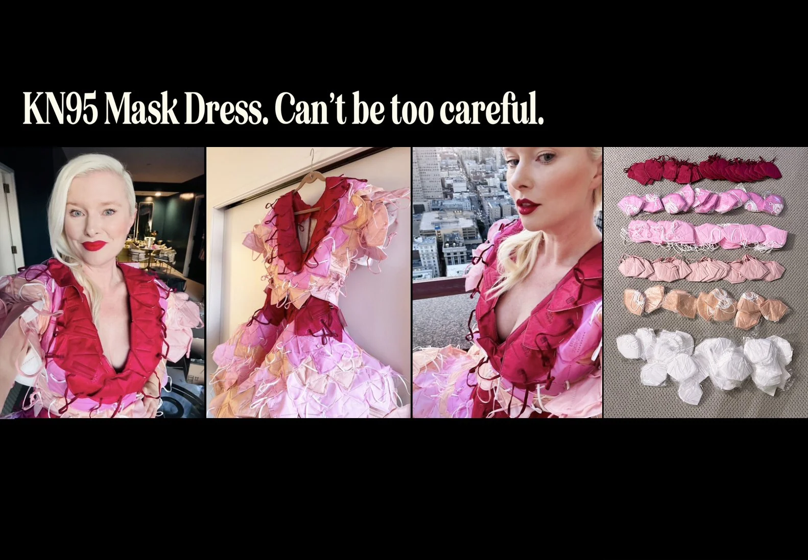 Kate Catalinac, an advertising creative director and copywriter, smiling in a professional headshot, a series of images showing the creation of a dress made out of covid N94 N95 masks.
