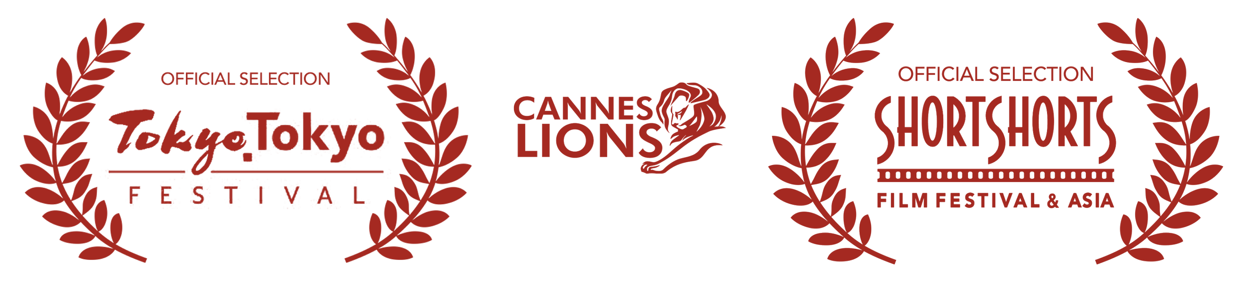 Festival logos with red laurel wreaths, including Tokyo Tokyo Festival, Cannes Lions, and Short Shorts Film Festival & Asia with a lion's head emblem.