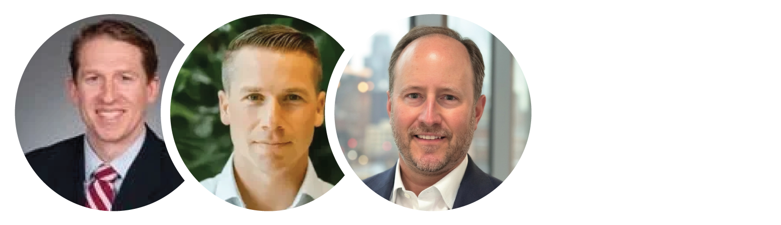 Three headshots of men in business attire, smiling, with different backgrounds