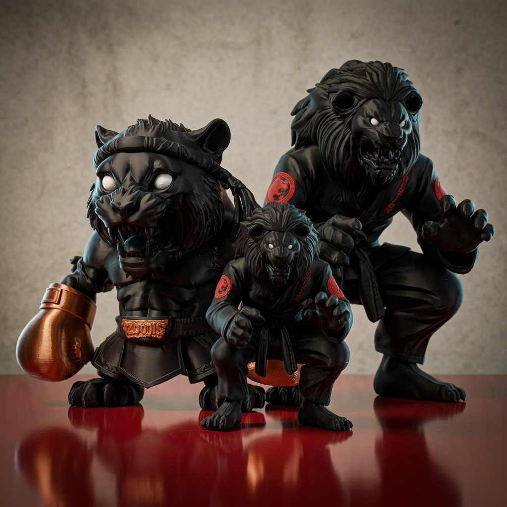Three martial arts action figures resembling anthropomorphic animals in black gis with red patches, with one resembling a panther, one a lion, and one a tiger, all posed on a wooden surface against a plain background.