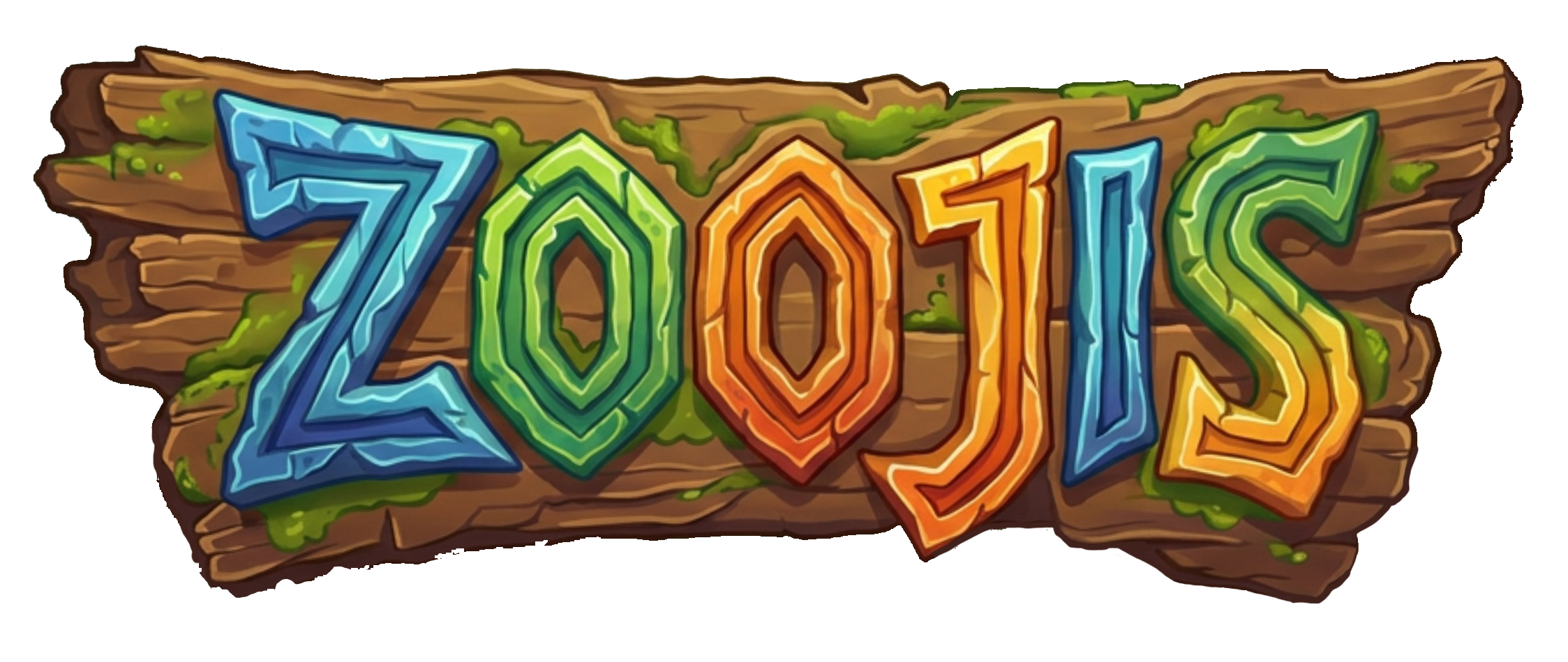 Colorful game logo with the word 'ZOOJIS' in stylized letters, set against a wooden background with moss.