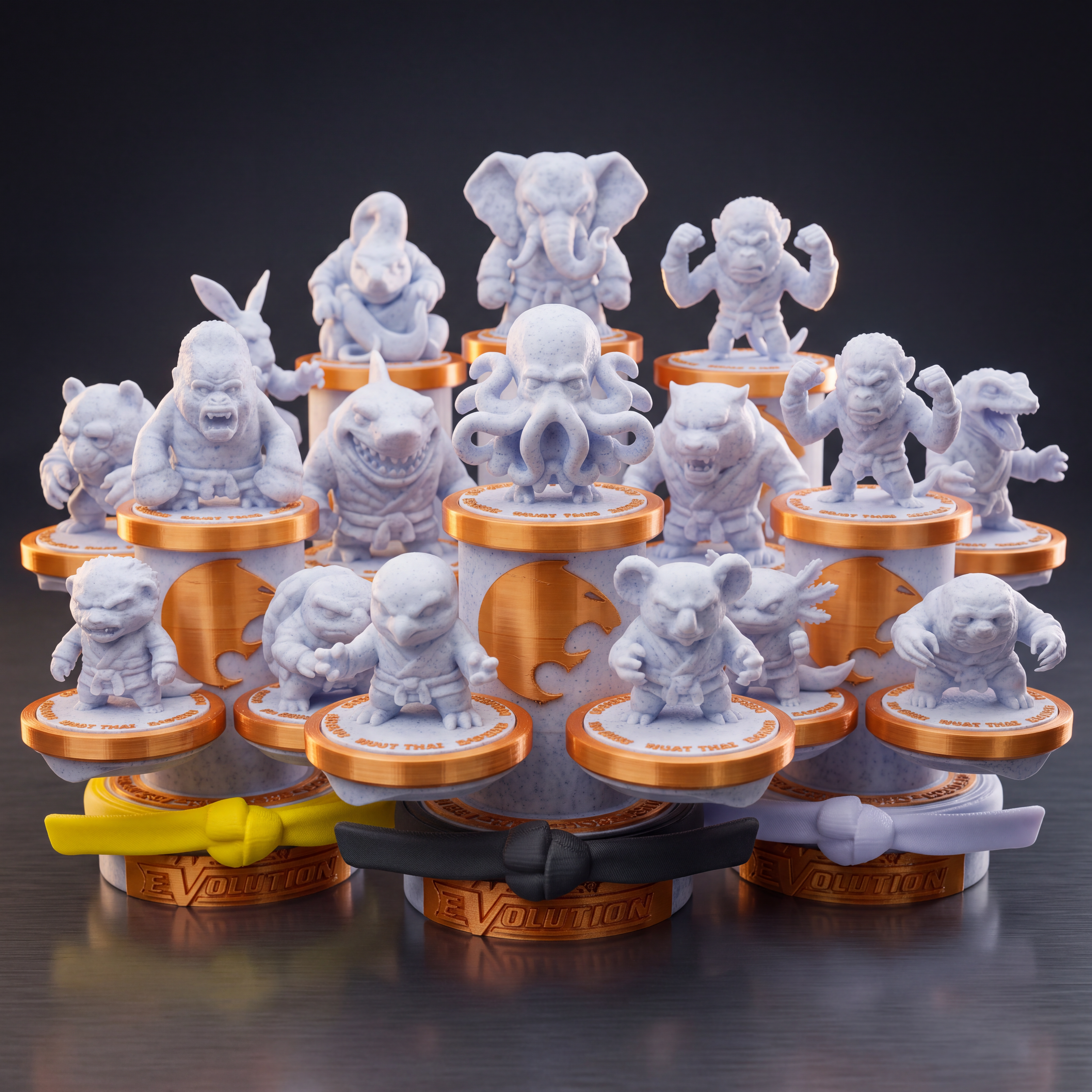 Collection of small, white, cartoonish superhero and villain figurines with black and orange bases, arranged in a pyramid-like display.