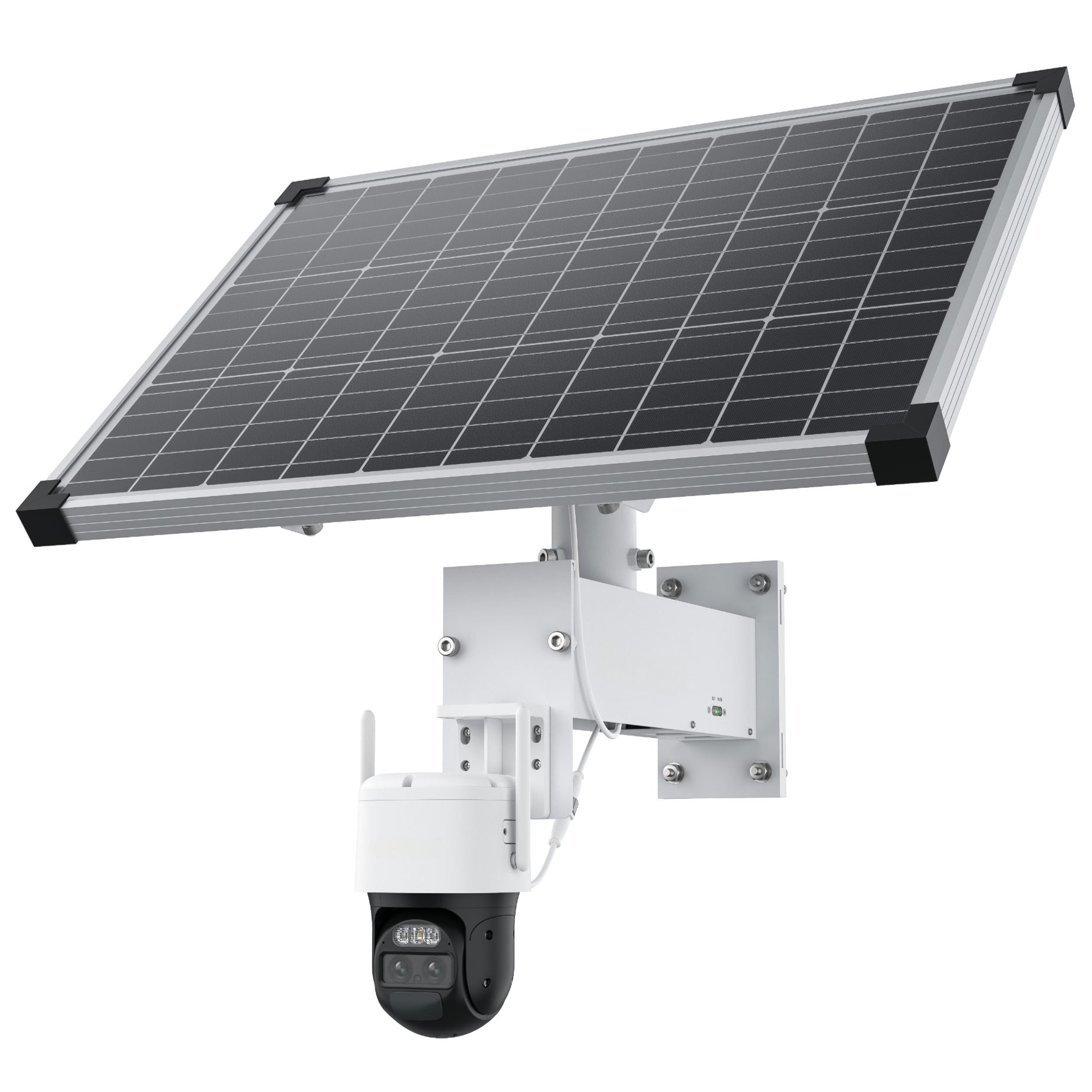 Solarmodul auf einem Mast mit Kamera darunter, vermutlich Teil eines Überwachungssystems mit Solarenergie.