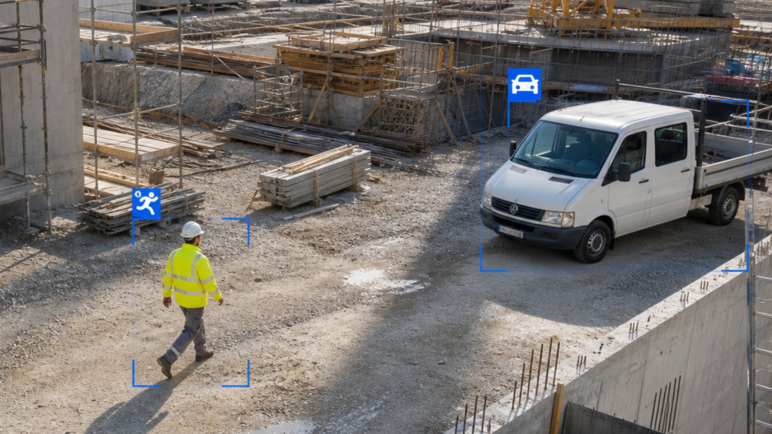 Baustelle mit Bauarbeiter in gelber Warnweste und Helm, Pkw parkt auf unbefestigtem Gelände, Baugerüste und Baumaterial im Hintergrund.