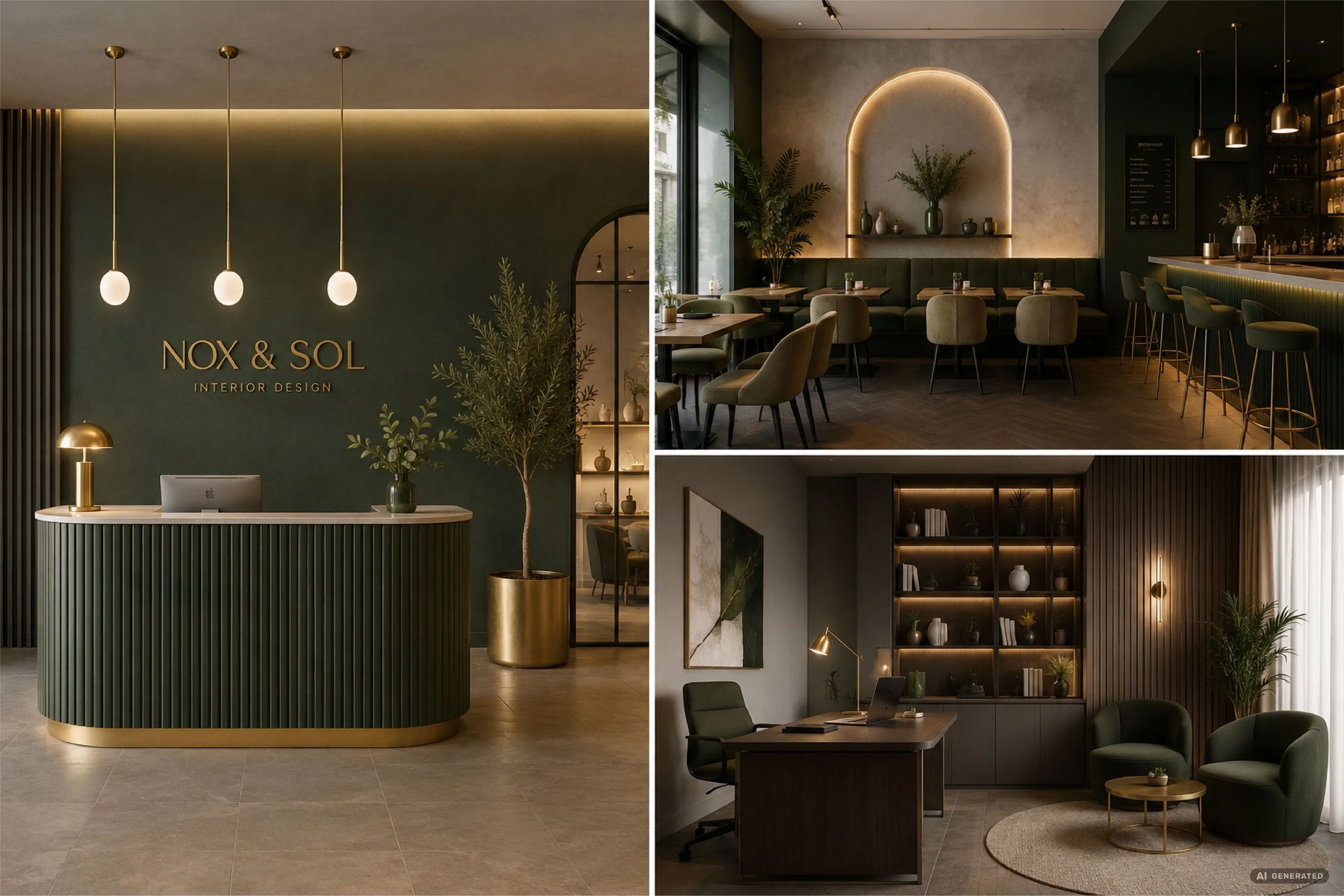 Innenansichten eines modernen, eleganten Cafés mit grünen Wänden, Holzboden, stilvollen Sitzgelegenheiten und dekorativer Beleuchtung.