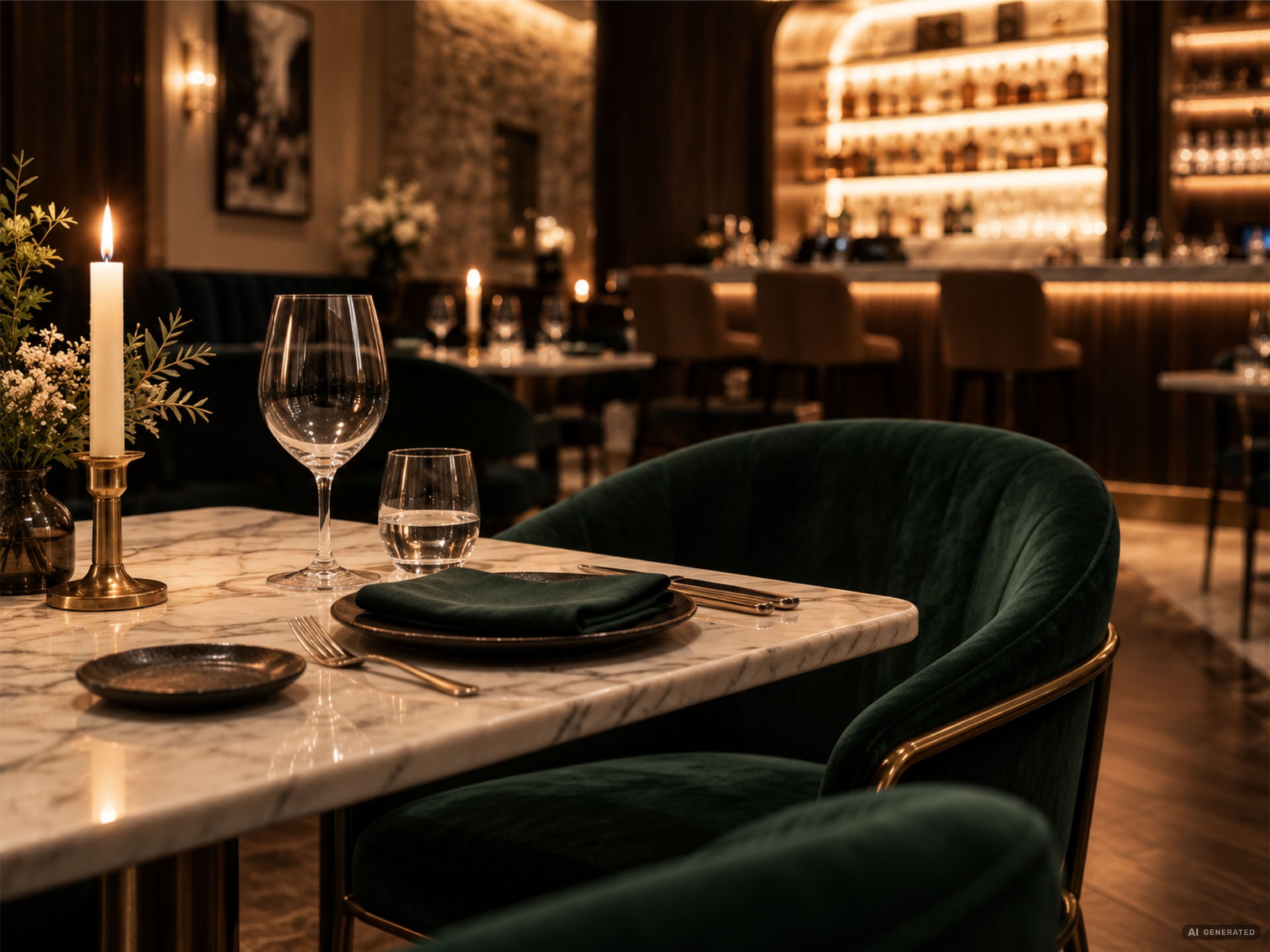 Ein eleganter Restauranttisch mit einer Kerze, Weinglas, Wasserkrug, schwarzem Teller, Messer und Gabel auf einem weißen Marmortisch. Im Hintergrund ist eine Bar mit beleuchteten Regalen und Stehstühlen sichtbar, die warme Beleuchtung erzeugen eine g