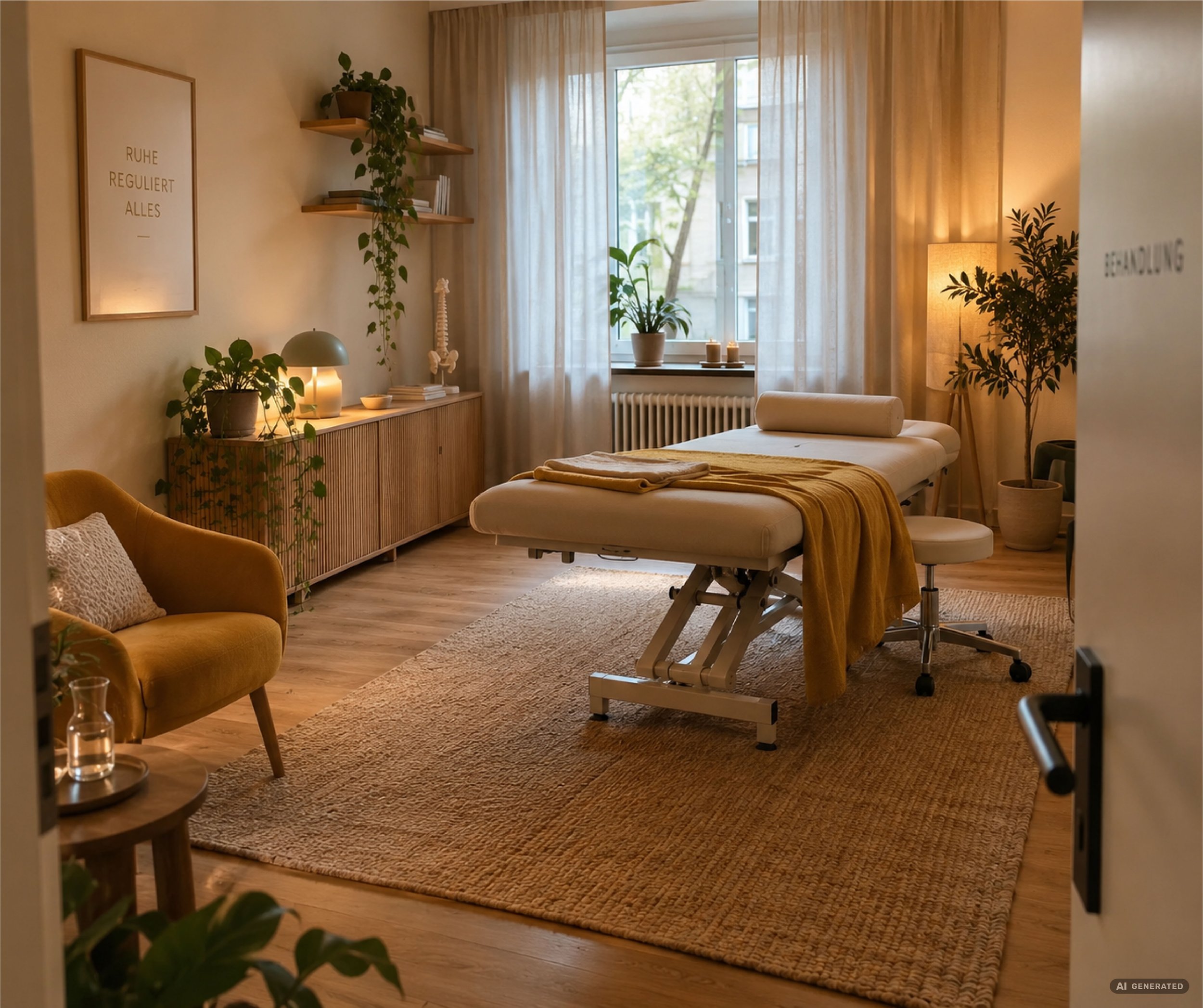 Ein gemütliches Behandlungszimmer mit einem Therapiebett, Pflanzen, einer Lampe und Vorhängen vor einem Fenster, das natürliches Licht hereinlässt.