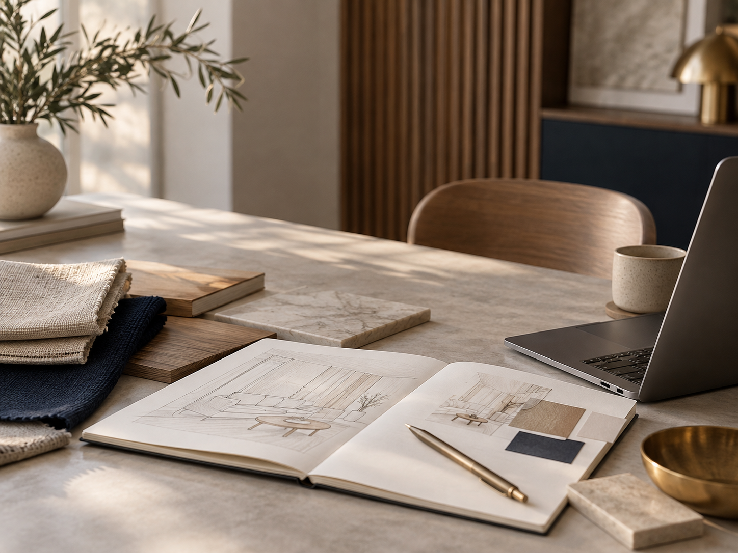 Ein Esstisch mit Design-Notizbüchern, Stoffmustern, einer Tonschüssel, einer Tasse, einem Laptop, einer goldfarbenen Lampe, und einer Vase mit grünen Zweigen, beleuchtet von natürlichem Licht.