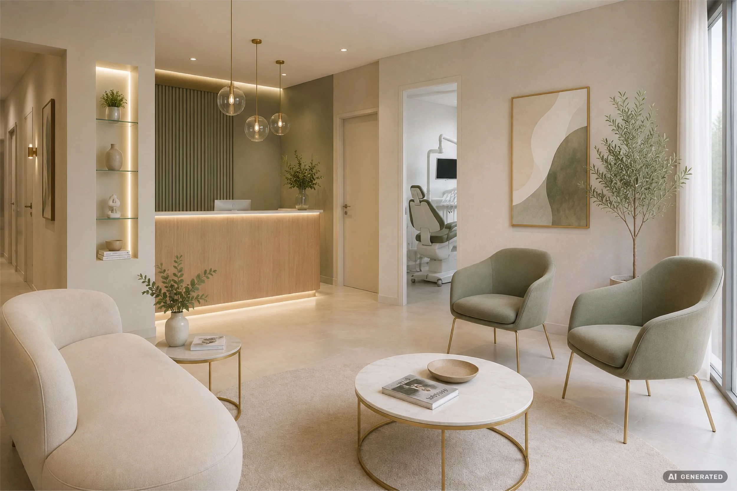 Ein modernes und elegantes Wartezimmer mit bequemen weißen und hellgrauen Sesseln, einem runden Couchtisch mit Magazinen, Willkommensschildern und hochwertigen Dekorationen. Die Beleuchtung ist warm und einladend, mit dekorativen Pflanzen und Kunstwe