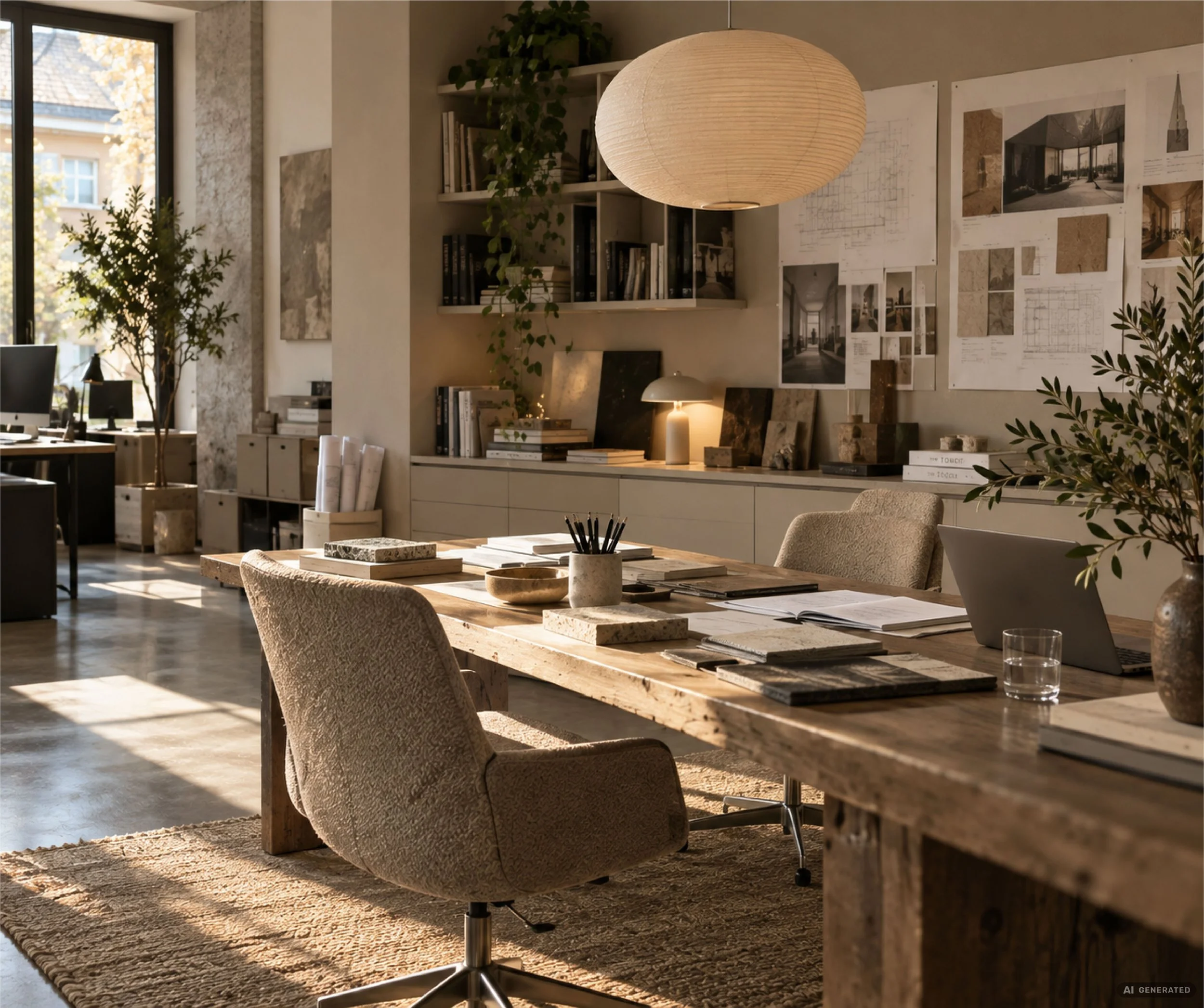 Helles, modernes Büro mit großen Fenstern, Holztisch, Bequemen Sesseln, Pflanzen, Bücherregalen und Design-Poster auf der Wand.